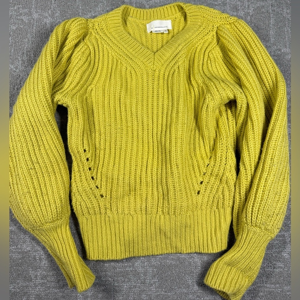 Anthropologie V-Neck Chunky Knit Minimalist Wool Blend Sweater Women Size XS